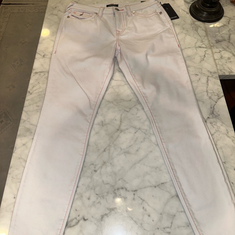 NWT True Religion Jennie Curvy Mid Rise Super Skinny White with Orange Size 31 - Picture 10 of 12